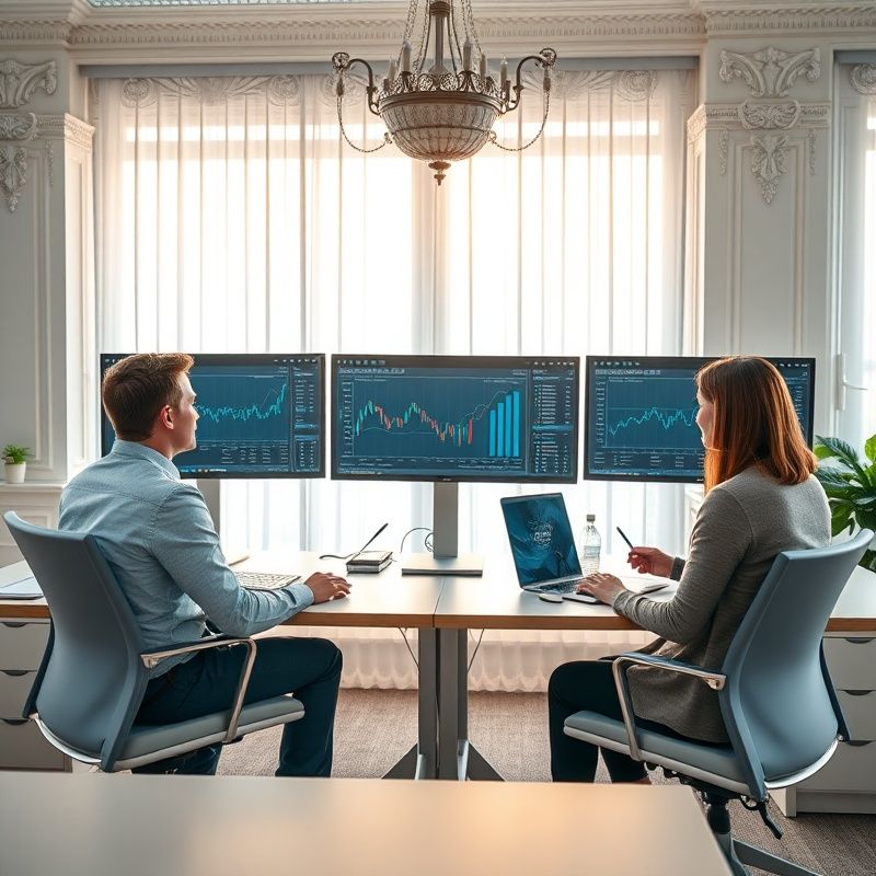 Tři profesionálové u sdíleného stolu s monitory zobrazujícími finanční dashboardy v azurové a bílé kanceláři